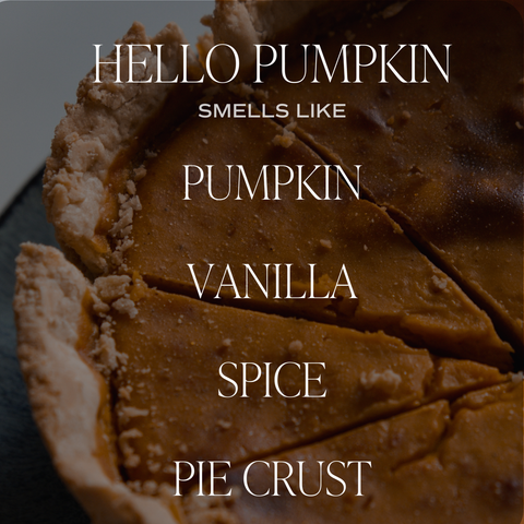Pumpkin pie with text overlay on a dark background - Smells like pumpkin, vanilla, spice, pie crust
