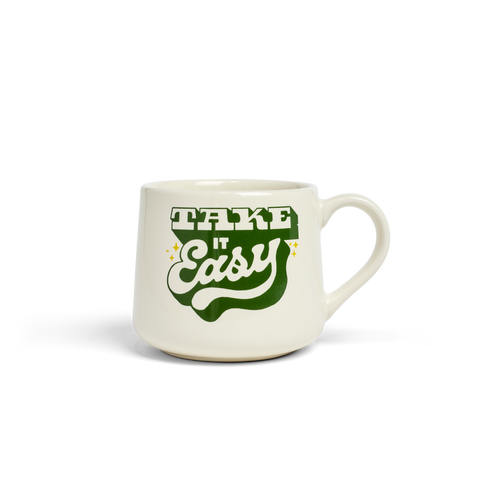White mug with green text 'Take It Easy' on a white background