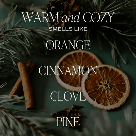 Text 'Warm and Cozy Smells Like Orange, Cinnamon, Clove, Pine' with dried oranges, cinnamon stick, and pine branches on a dark background.
