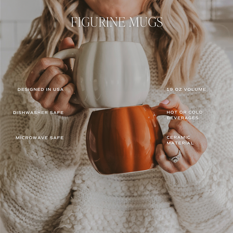 Person holding a ceramic mug with text detailing features and uses.