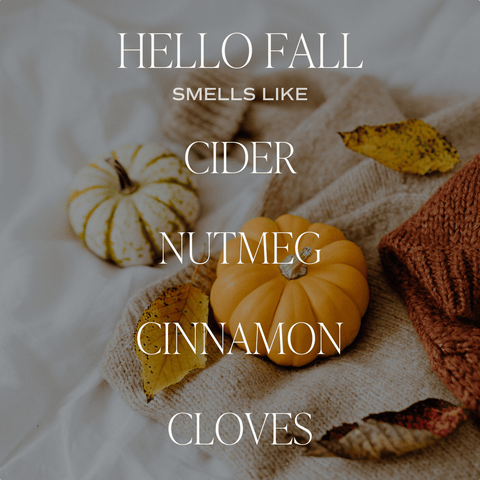 Autumn-themed image with pumpkins, a pie, and text about fall scents on a white background.