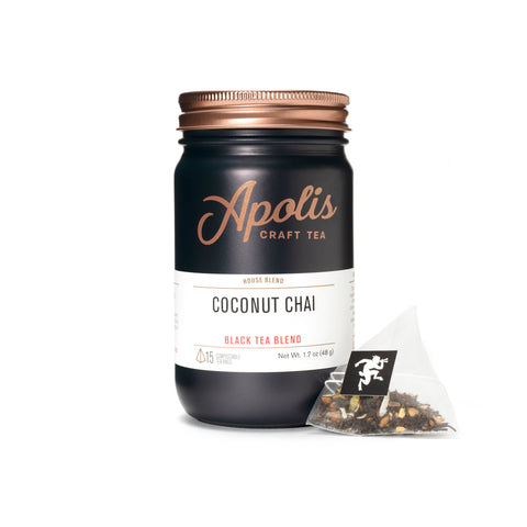 Apolis Coconut Chai tea jar with a tea bag on a white background