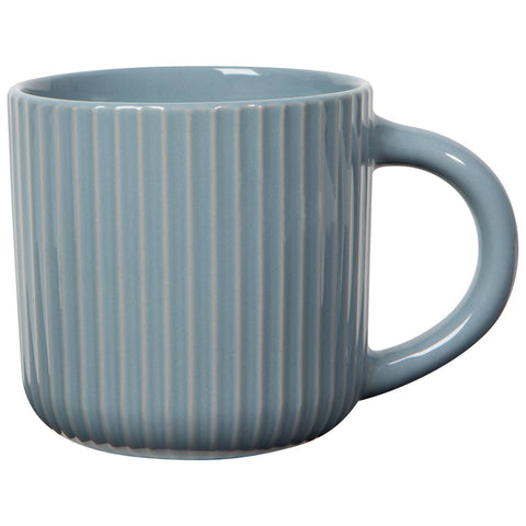 Blue ceramic mug with vertical stripes on a white background