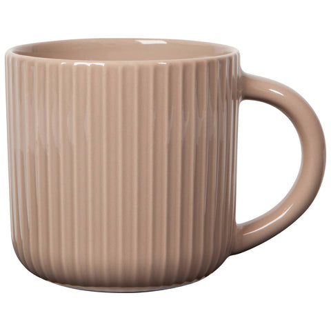 Beige ceramic mug with ribbed texture on a white background