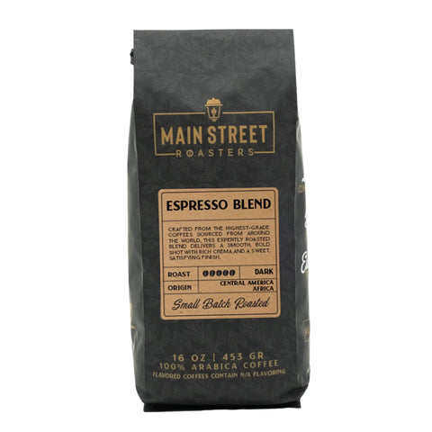 Main Street Roasters Espresso Blend dark roast coffee in black branded bag