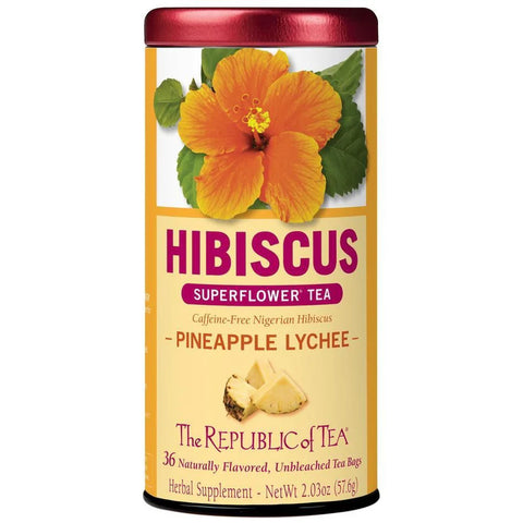 Hibiscus superflowerwith pineapple lychee flavor tea canister on a white background