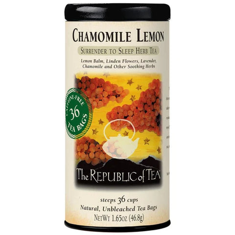 Chamomile Lemon tea canister from The Republic of Tea on a white background
