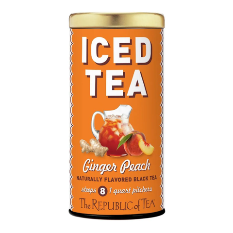 Canister of 'Ginger Peach' iced tea from The Republic of Tea on an orange background