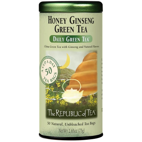 The Republic of Tea Honey Ginseng Green Tea cylindrical tin featuring a green label with honey and ginseng imagery and product branding
