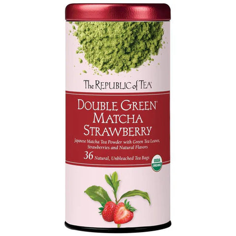 Tea canister labeled 'Double Green Matcha Strawberry' by The Republic of Tea on a white background.