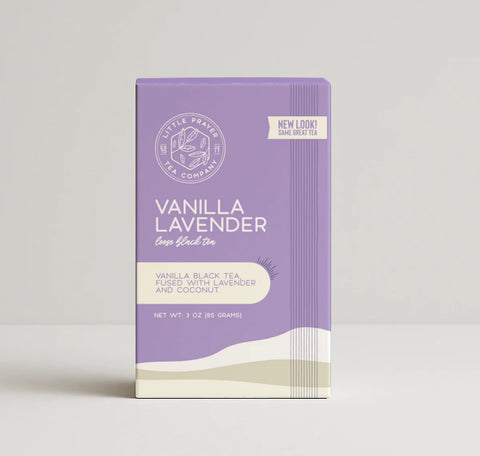 Little Prayer Tea Company Vanilla Lavender tea package on a light gray background