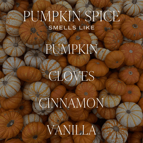Stack of pumpkins with text describing pumpkin spice scents