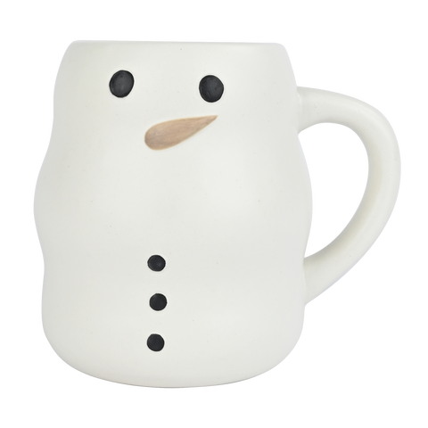 White mug designed like a snowman with black buttons and a brown carrot nose on a white background