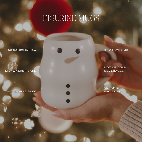 Snowman mug held by a hand with festive background