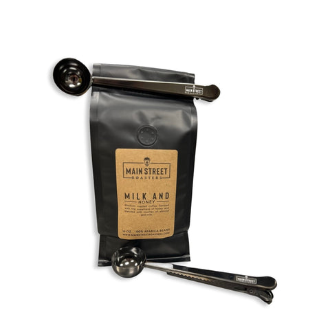 Stainless Steel Coffee Tea Measuring Scoop With Bag Clip - Clipped Bag - Main Street Roasters