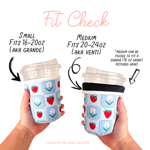 Two hands holding fabric coffee cup cozies with text indicating size compatibility.