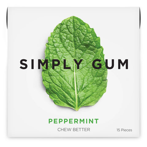 Simply Gum packaging with a green leaf on a white background