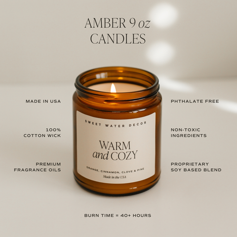 Amber 9 oz candle with 'Sweet Water Decor' label on a neutral background - Features