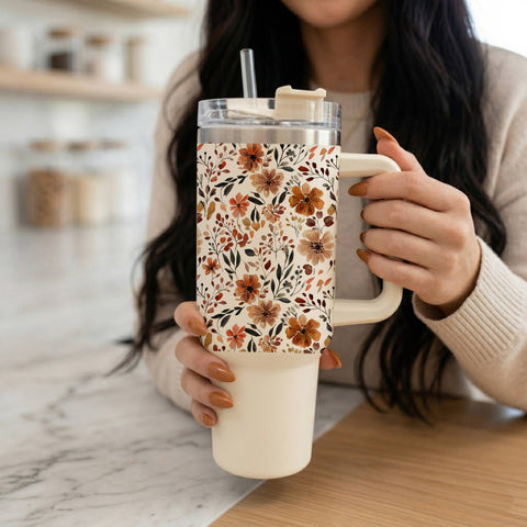 Person holding a floral-patterned tumbler in a kitchen setting
