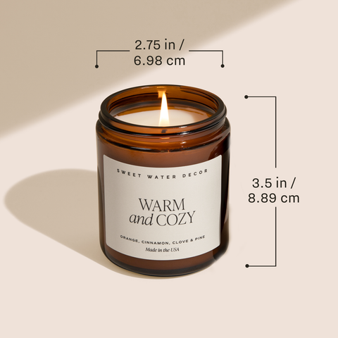 Candle in a brown jar with dimensions labeled on a beige background