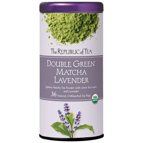 Canister of Double Green Matcha Lavender tea from The Republic of Tea on a white background