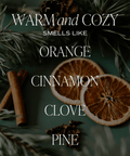 Text 'Warm and Cozy Smells Like Orange, Cinnamon, Clove, Pine' with dried oranges, cinnamon stick, and pine branches on a dark background.