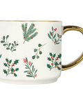 Mug with Christmas foliage pattern and gold handle on a white background
