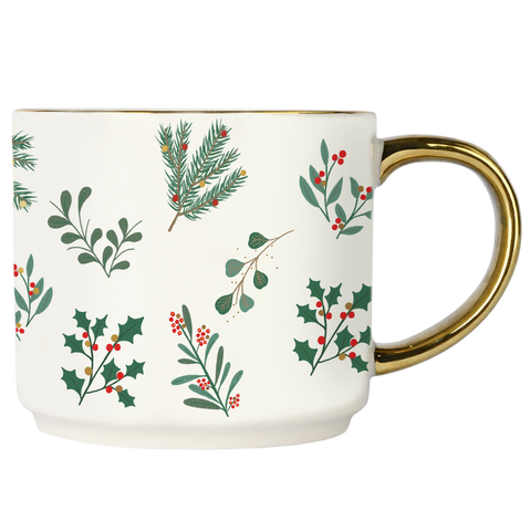 Mug with Christmas foliage pattern and gold handle on a white background