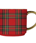 Red plaid mug with a gold handle on a white background