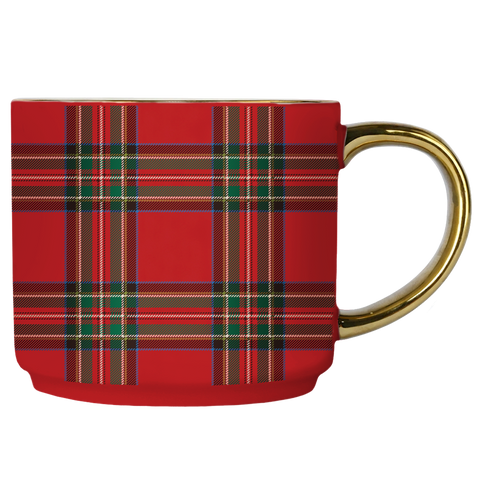 Red plaid mug with a gold handle on a white background