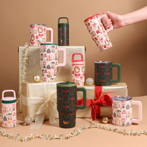 Collection of patterned mugs and tumblers on a beige background with decorative elements.