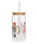 Clear tumbler with wooden lid and straw featuring illustrations of characters from a fairy tale on a white background.