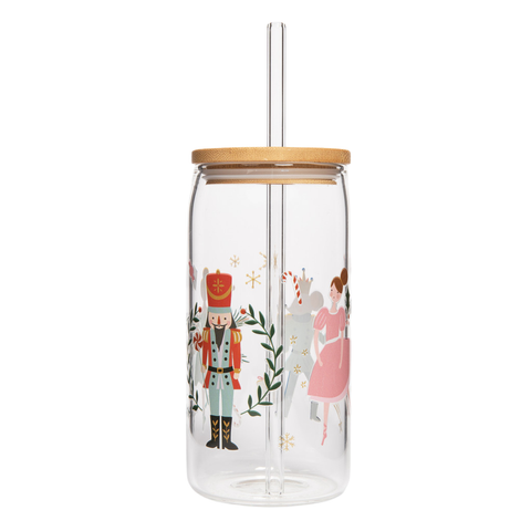 Clear tumbler with wooden lid and straw featuring illustrations of characters from a fairy tale on a white background.