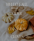 Autumn-themed image with pumpkins, a pie, and text about fall scents on a white background.