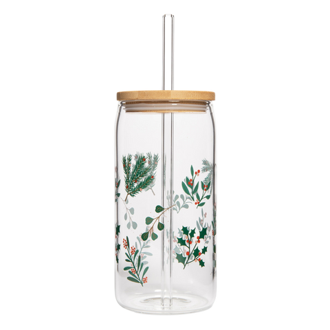Clear glass jar with wooden lid and festive plant design on a white background