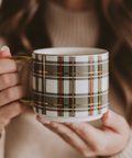 Person holding a plaid mug with a blurred background