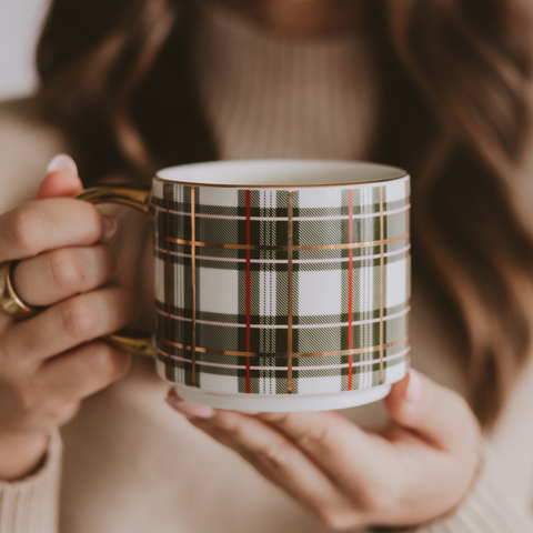 Person holding a plaid mug with a blurred background