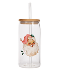 Clear tumbler with Santa Claus design, wooden lid, and straw on a white background