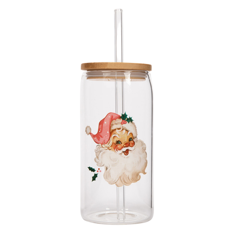 Clear tumbler with Santa Claus design, wooden lid, and straw on a white background