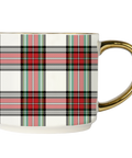 Mug with plaid pattern and gold handle on a white background