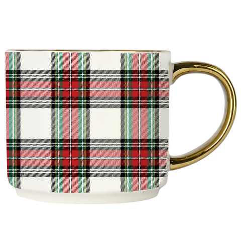 Mug with plaid pattern and gold handle on a white background