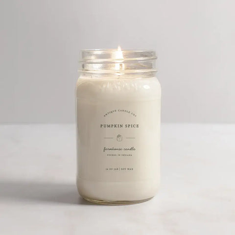 Antique Candle Co. Pumpkin Spice farmhouse candle in clear mason jar
