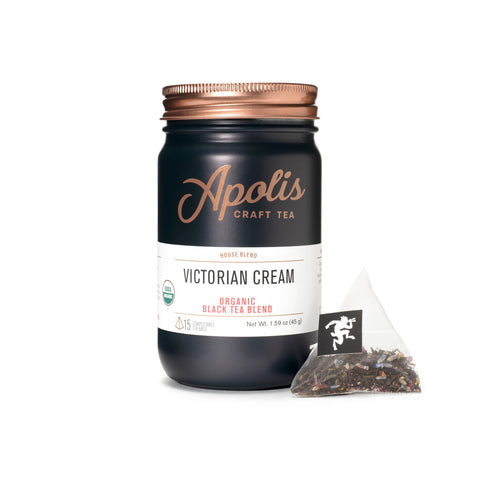 Apolis Victorian Cream tea jar with a tea bag on a white background