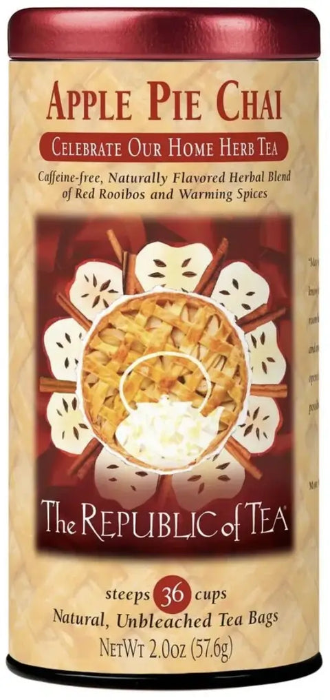 The Republic of Tea Apple Pie Chai caffeine-free herbal tea in cylindrical tin
