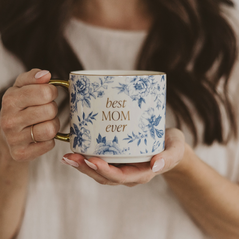 Best Mom Ever Coffee Mug - Blue Delft Floral Pattern