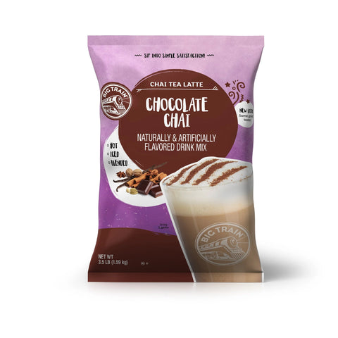 Purple and brown package of Big Train Chocolate Chai drink mix on a white background