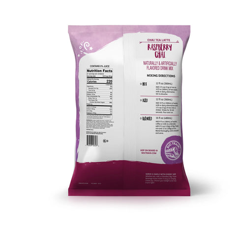 Raspberry Chai drink mix package with nutrition label on a white background