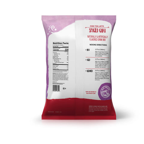 Spiced Chai drink mix package with nutritional information on a white background