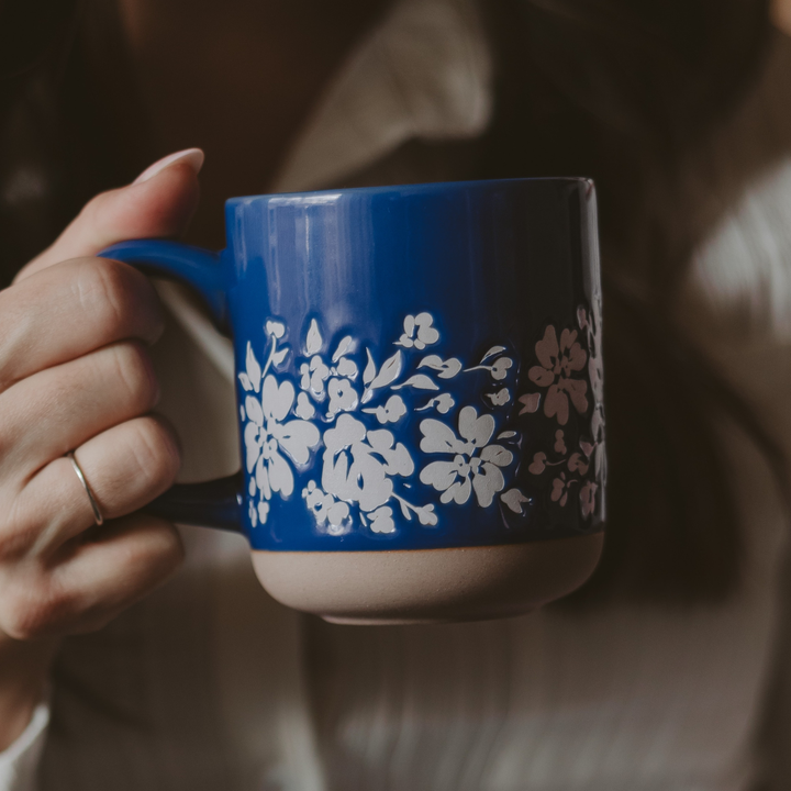 Blue Floral Stoneware Coffee Mug - Back