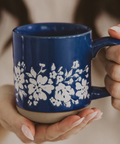 Blue Floral Stoneware Coffee Mug - Front